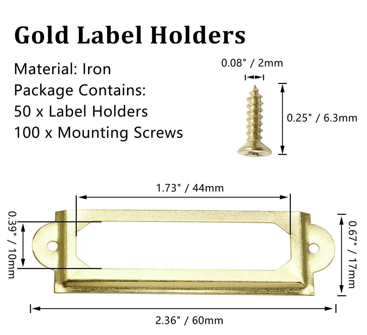 Qjaiune Gold Metal Label Holders 60x17mm (2.36"x0.67") with Screws | Rust-Resistant Iron for Cabinets & Drawers - view 3