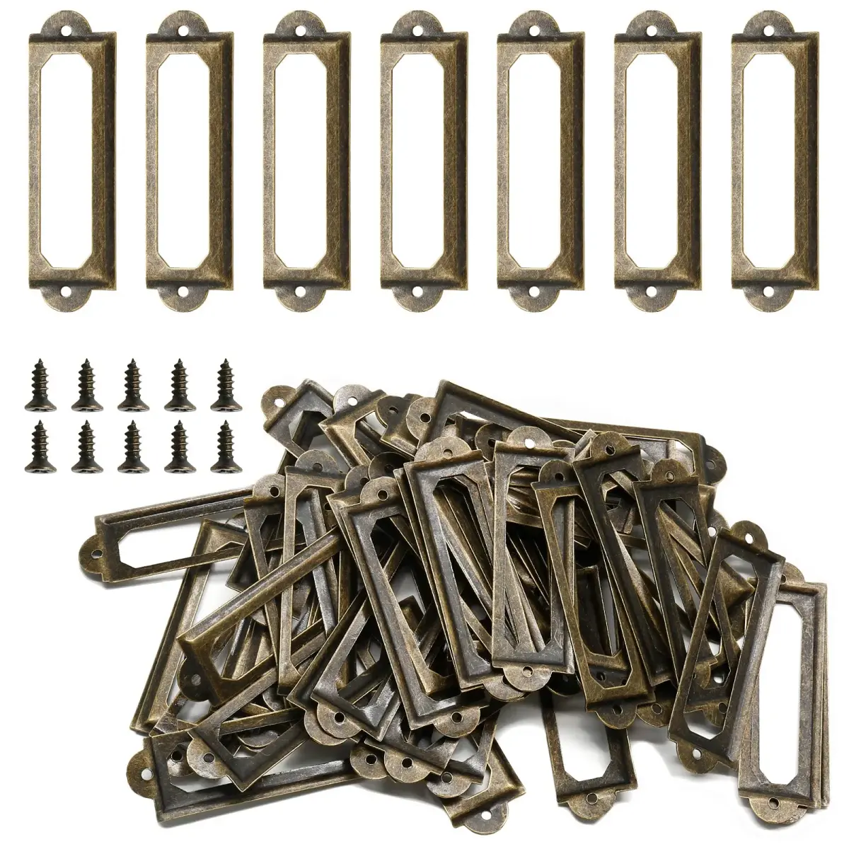 Qjaiune Metal Label Holders 60x17mm Antique Bronze with Screws | Pack of 50 for Cabinets & Drawers - main product image