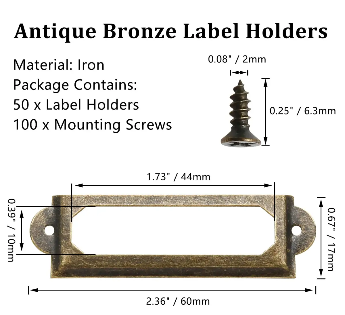 Qjaiune Metal Label Holders 60x17mm Antique Bronze with Screws | Pack of 50 for Cabinets & Drawers - view 3