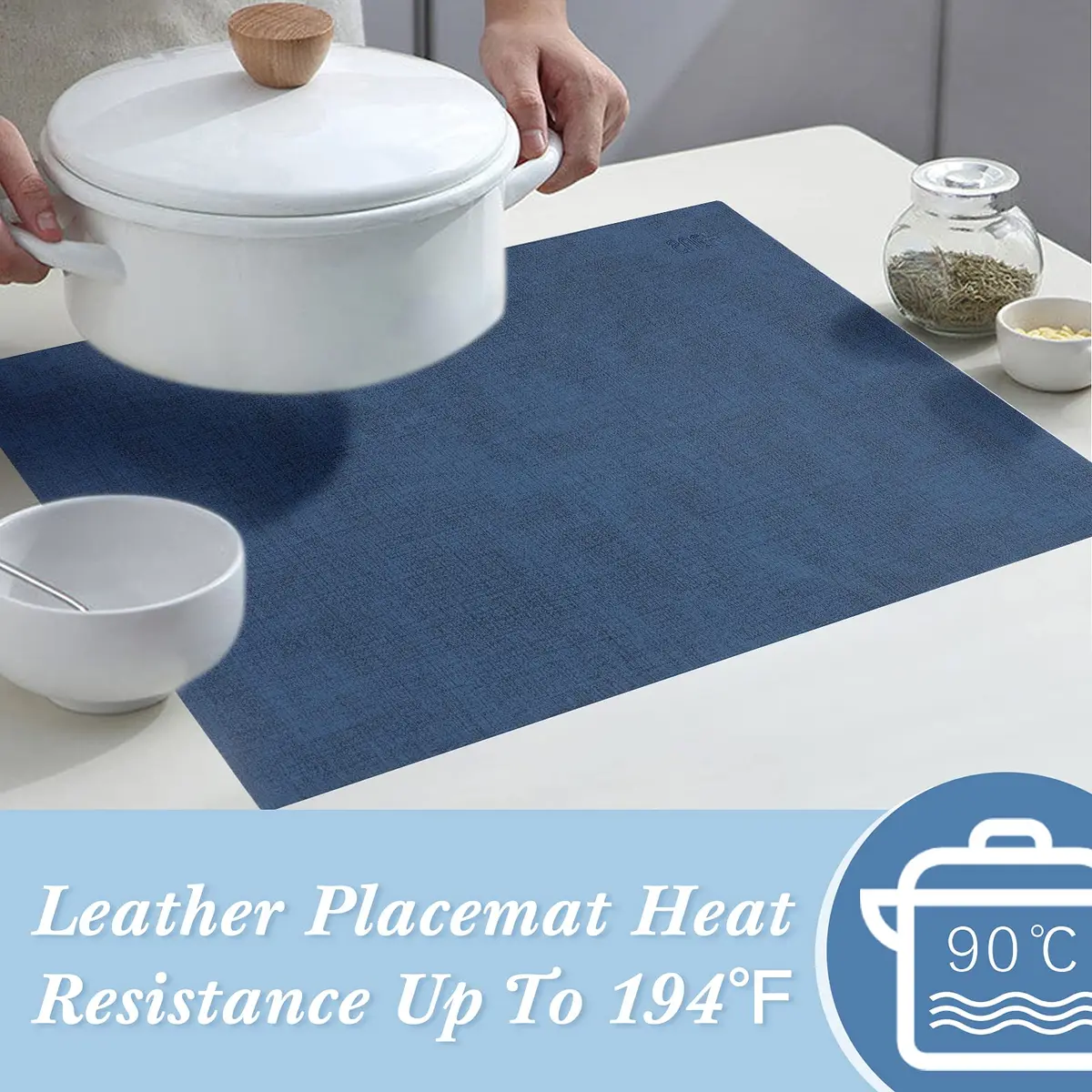 SUEH DESIGN Leather Placemats Set of 6, Navy Blue & Light Blue | Reversible Heat & Water-Resistant Dining Table Mats (43x31 cm) - view 4