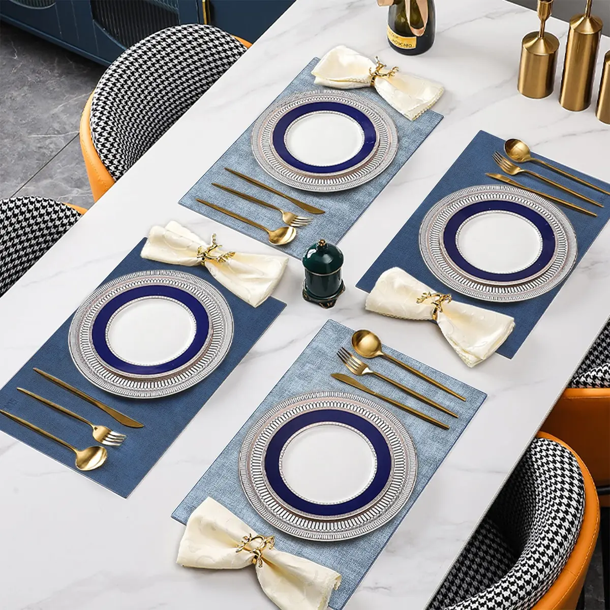 SUEH DESIGN Leather Placemats Set of 6, Navy Blue & Light Blue | Reversible Heat & Water-Resistant Dining Table Mats (43x31 cm) - view 6
