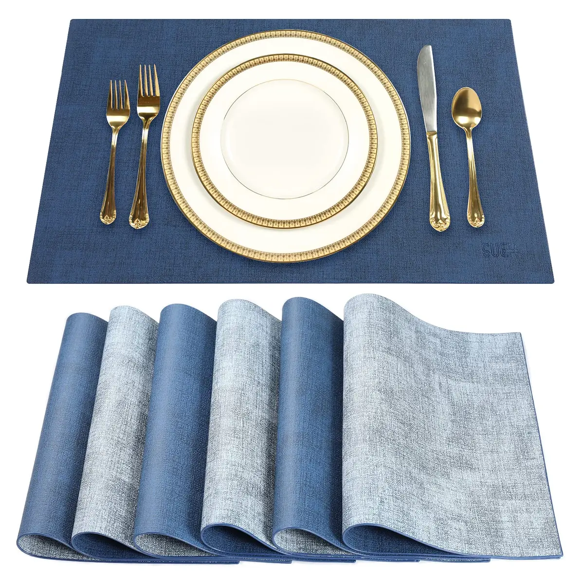 SUEH DESIGN Leather Placemats Set of 6, Navy Blue & Light Blue | Reversible Heat & Water-Resistant Dining Table Mats (43x31 cm) - main product image
