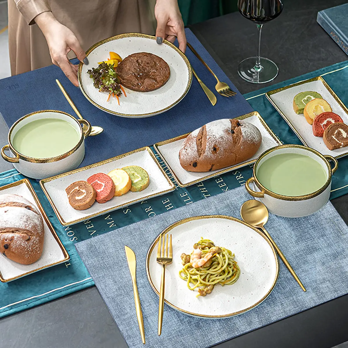 SUEH DESIGN Leather Placemats Set of 6, Navy Blue & Light Blue | Reversible Heat & Water-Resistant Dining Table Mats (43x31 cm) - view 8