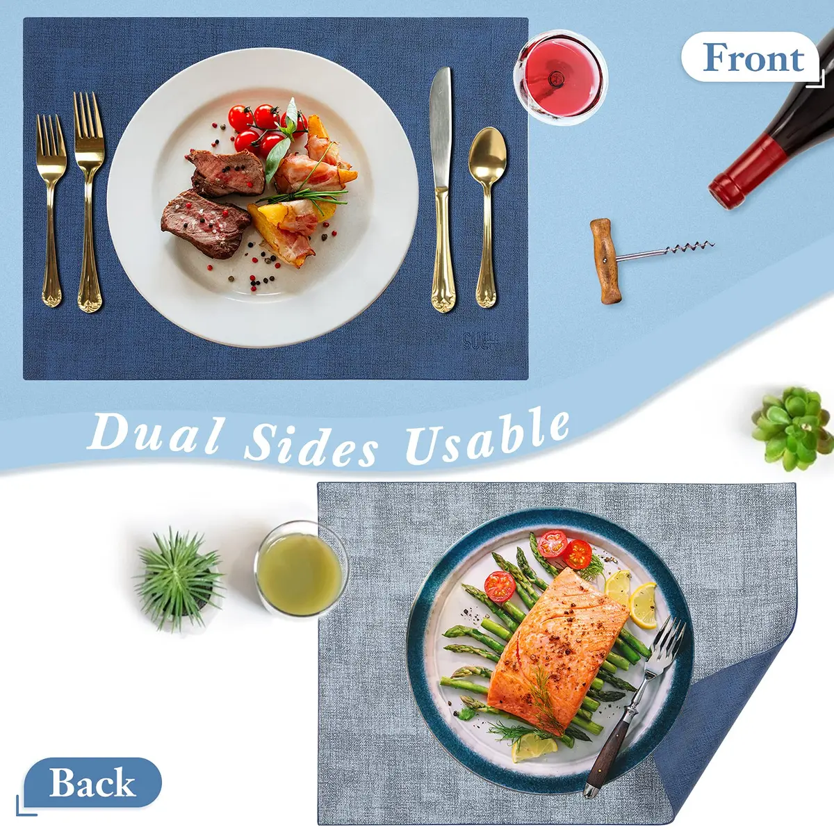 SUEH DESIGN Leather Placemats Set of 6, Navy Blue & Light Blue | Reversible Heat & Water-Resistant Dining Table Mats (43x31 cm) - view 2