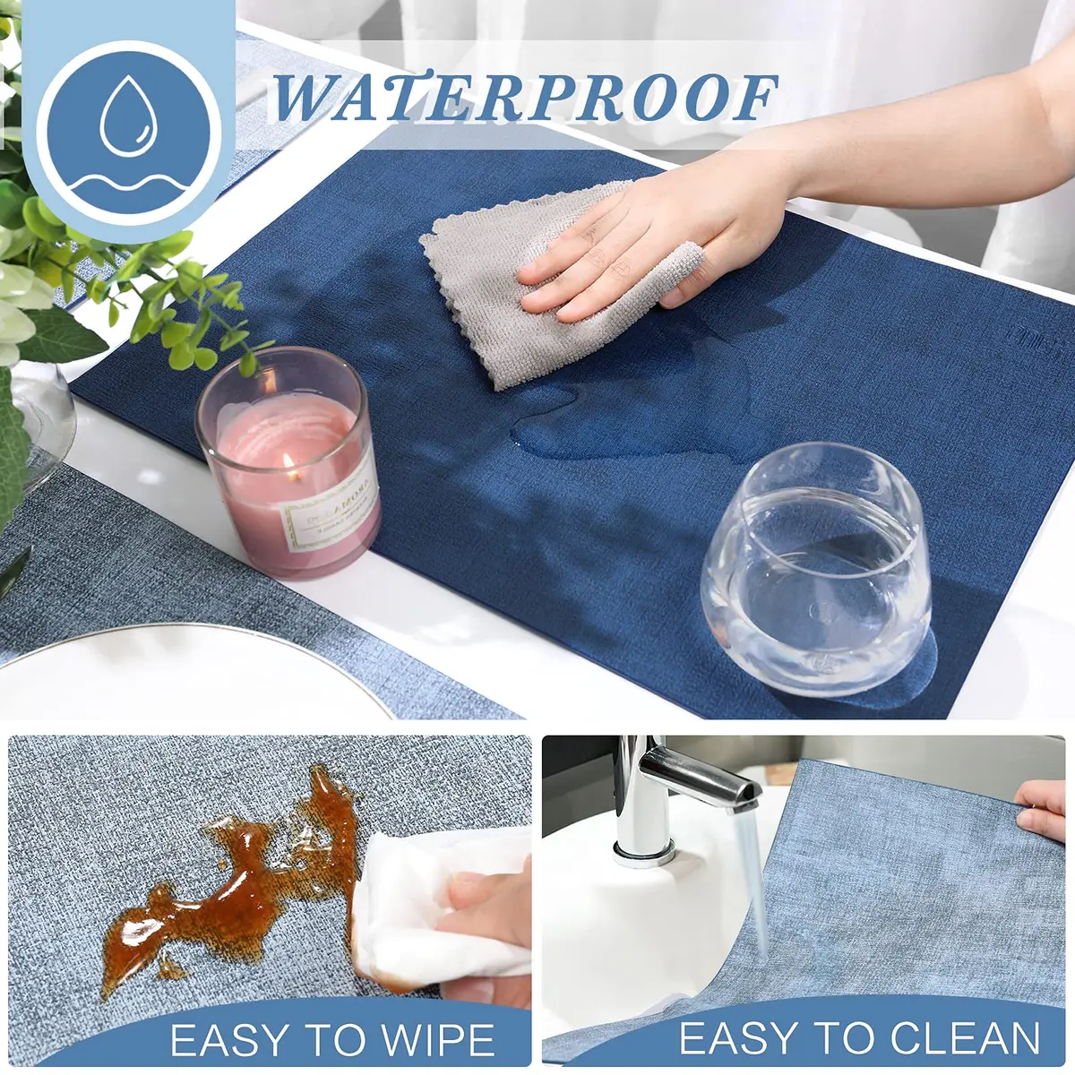 SUEH DESIGN Leather Placemats Set of 6, Navy Blue & Light Blue | Reversible Heat & Water-Resistant Dining Table Mats (43x31 cm) - view 3