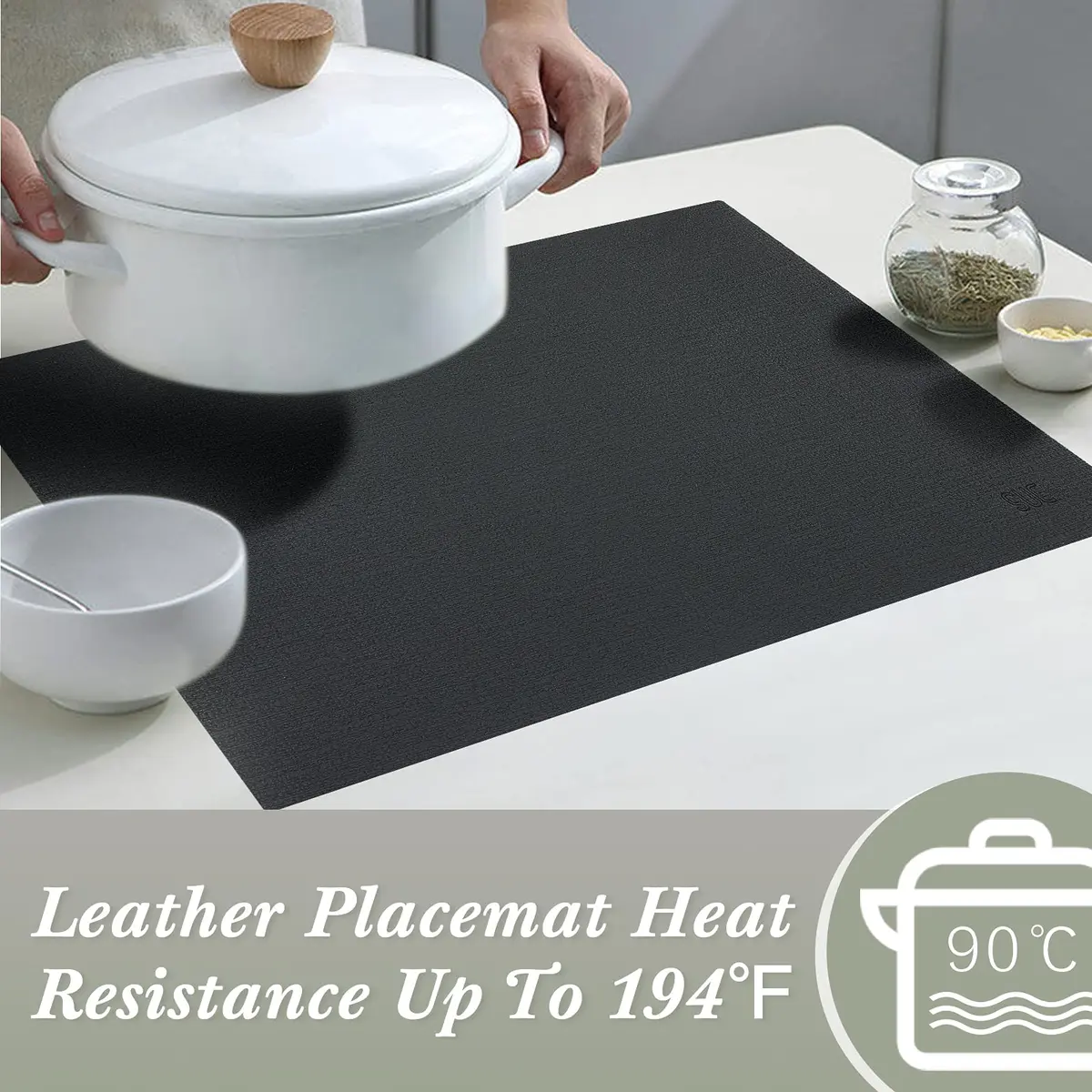 SUEH DESIGN Leather Placemats Set of 6, Black & Gray | Reversible Non-Slip Table Mats for Dining Kitchen - view 4
