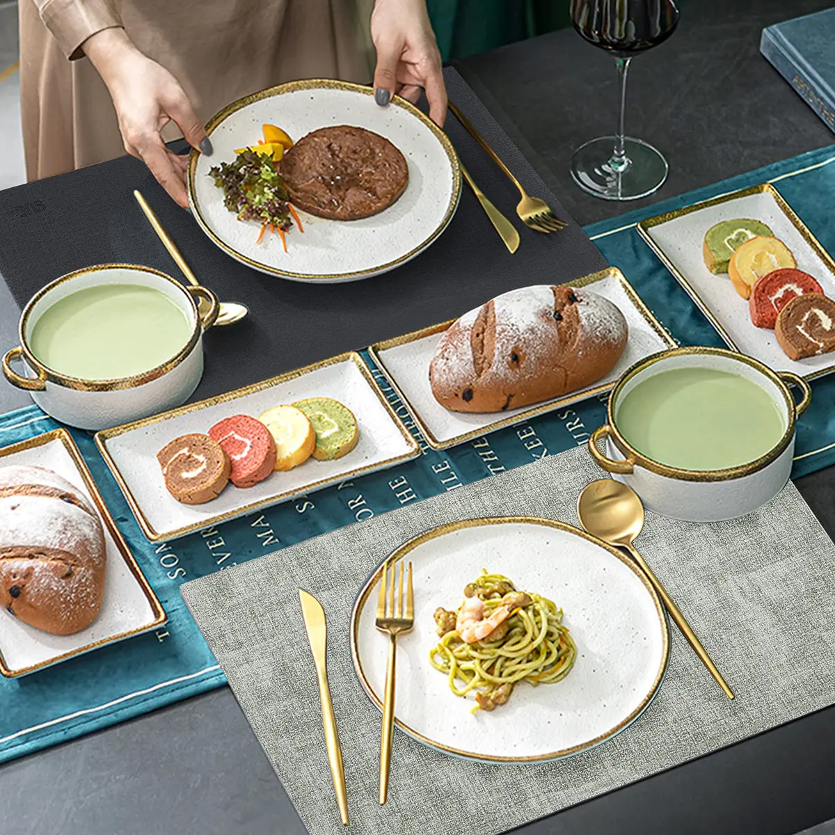 SUEH DESIGN Leather Placemats Set of 6, Black & Gray | Reversible Non-Slip Table Mats for Dining Kitchen - view 6