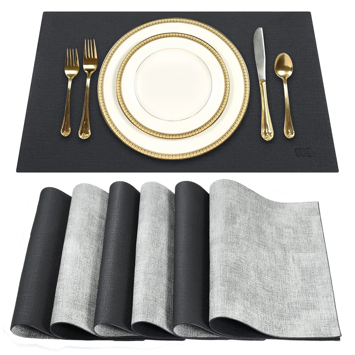 SUEH DESIGN Leather Placemats Set of 6, Black & Gray | Reversible Non-Slip Table Mats for Dining Kitchen - main product image