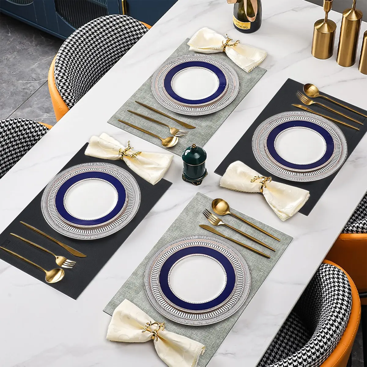 SUEH DESIGN Leather Placemats Set of 6, Black & Gray | Reversible Non-Slip Table Mats for Dining Kitchen - view 7