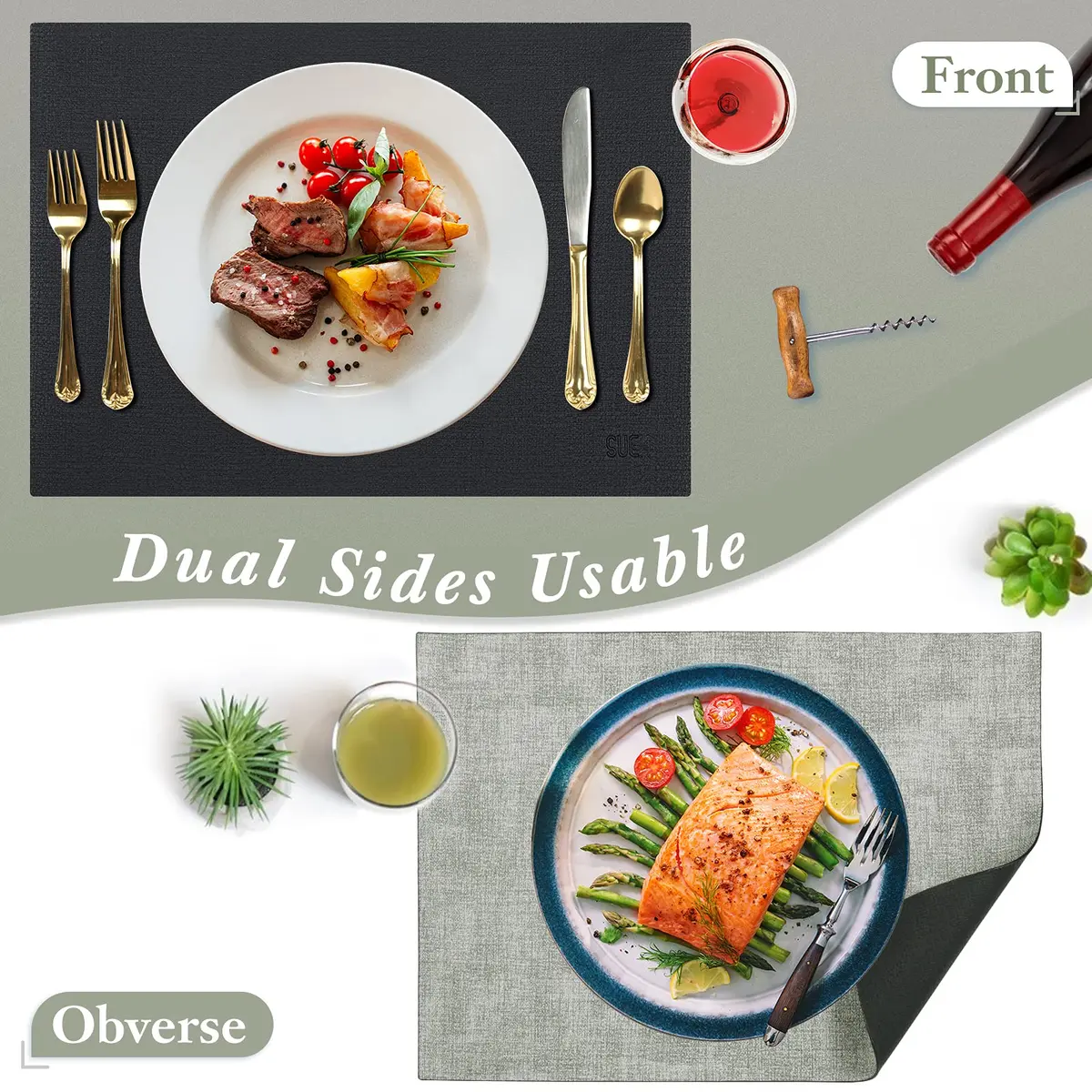 SUEH DESIGN Leather Placemats Set of 6, Black & Gray | Reversible Non-Slip Table Mats for Dining Kitchen - view 2