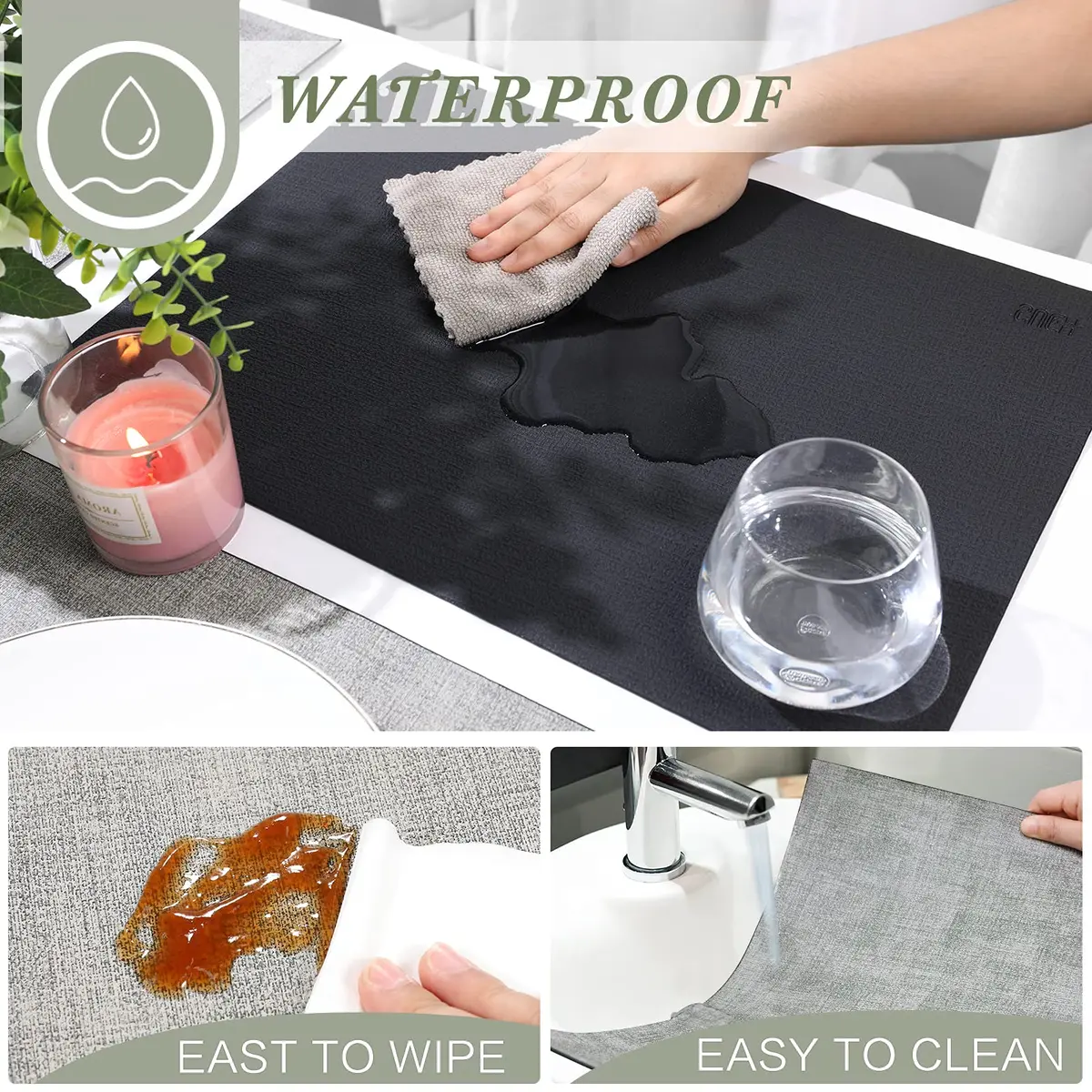 SUEH DESIGN Leather Placemats Set of 6, Black & Gray | Reversible Non-Slip Table Mats for Dining Kitchen - view 3