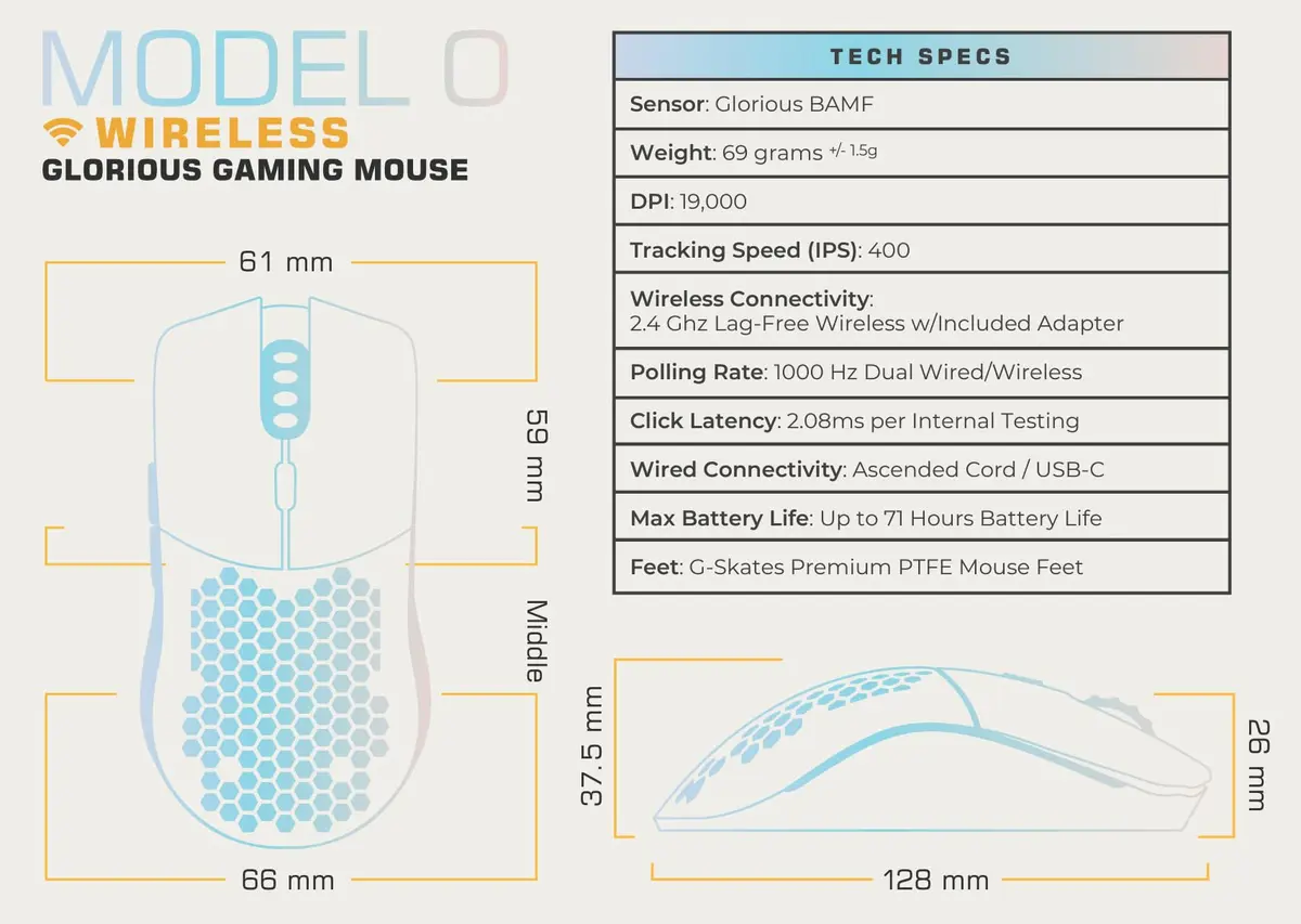 GLORIOUS Model O Wireless Gaming Mouse - Superlight 69g Honeycomb Design, RGB, Ambidextrous, 2.4GHz Wireless, Up to 71 Hours Battery - view 9