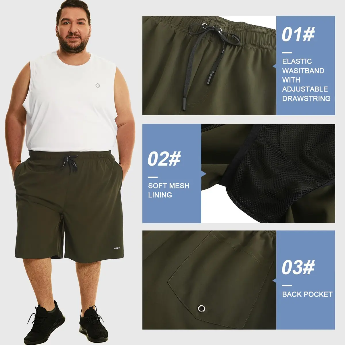 HOdo Big & Tall Swim Trunks 11 inch Army Green | Quick-Dry 4-Way Stretch Water Shorts for Men Plus Size 2X-7X - view 4