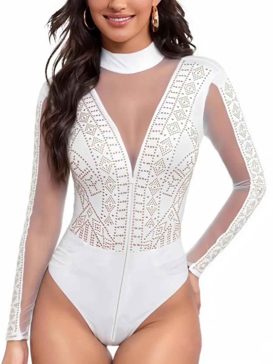 Lrady Women's Backless Rhinestone Bodysuit Long Sleeve High Neck Top | Sparkling Mesh Clubwear in XX-Large - main product image