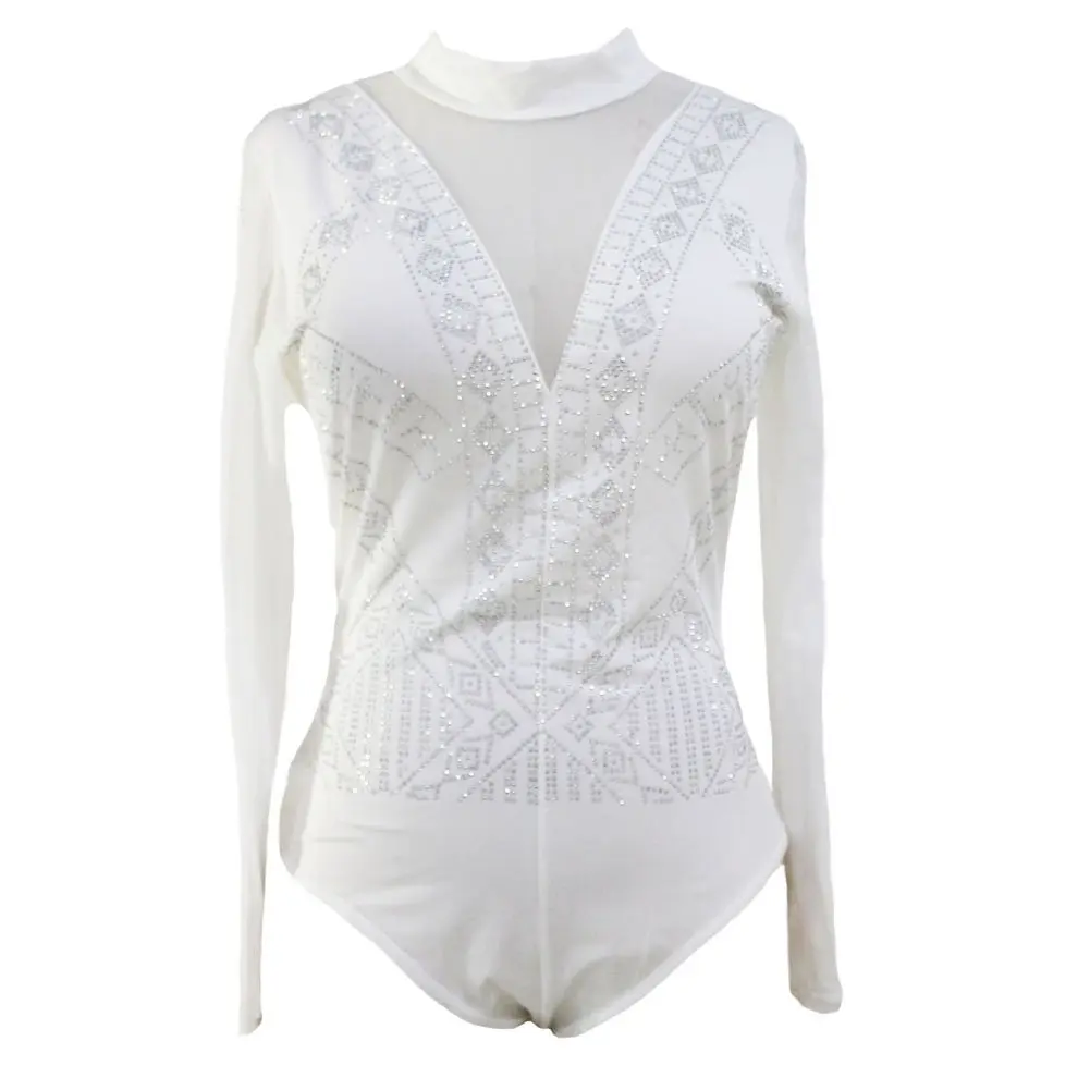 Lrady Women's Backless Rhinestone Bodysuit Long Sleeve High Neck Top | Sparkling Mesh Clubwear in XX-Large - view 4