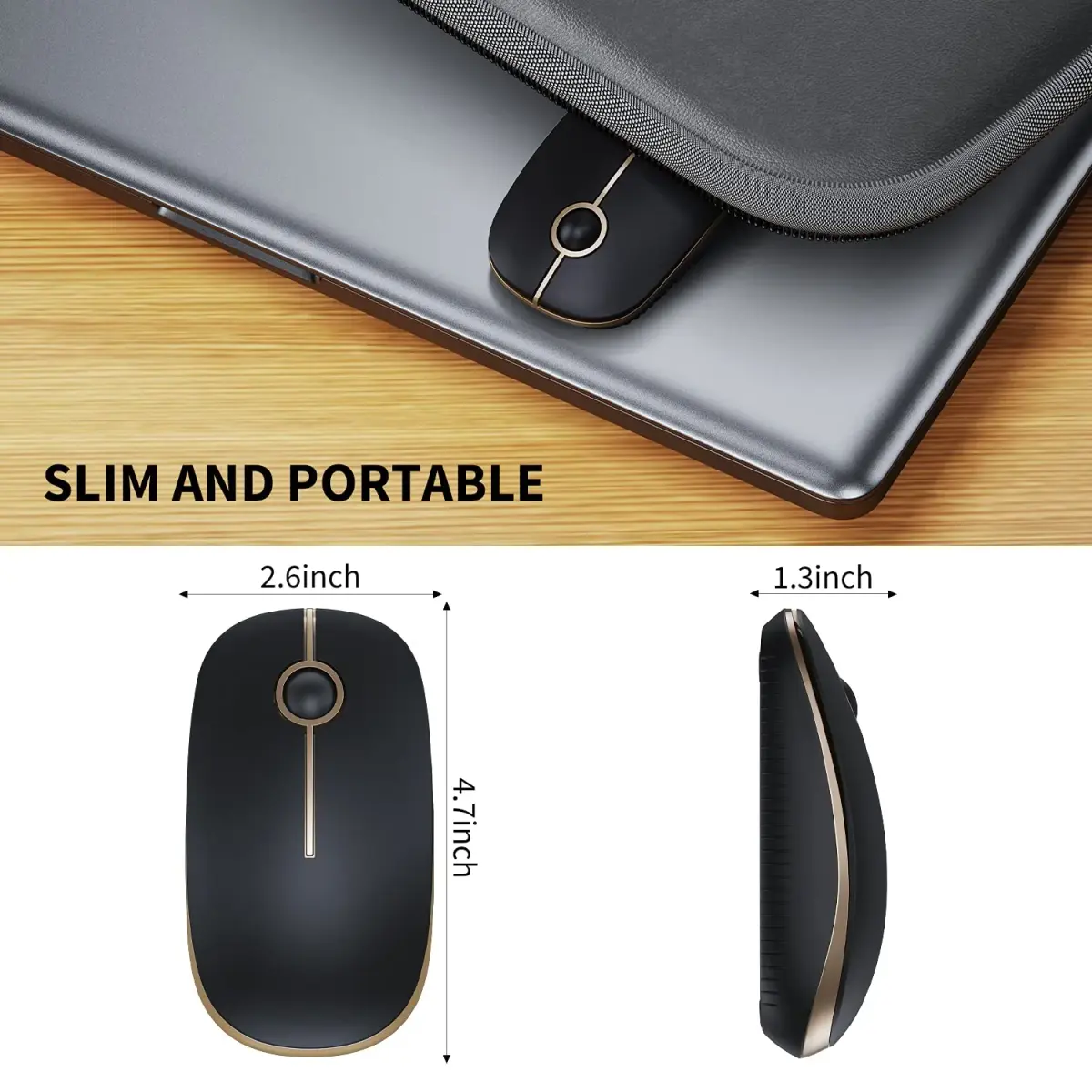 VssoPlor Wireless Mouse, Black and Gold, 4.7 x 2.6 inch (11.9 x 6.6 cm) | Silent Clicking & Stable 2.4GHz Connection - view 5