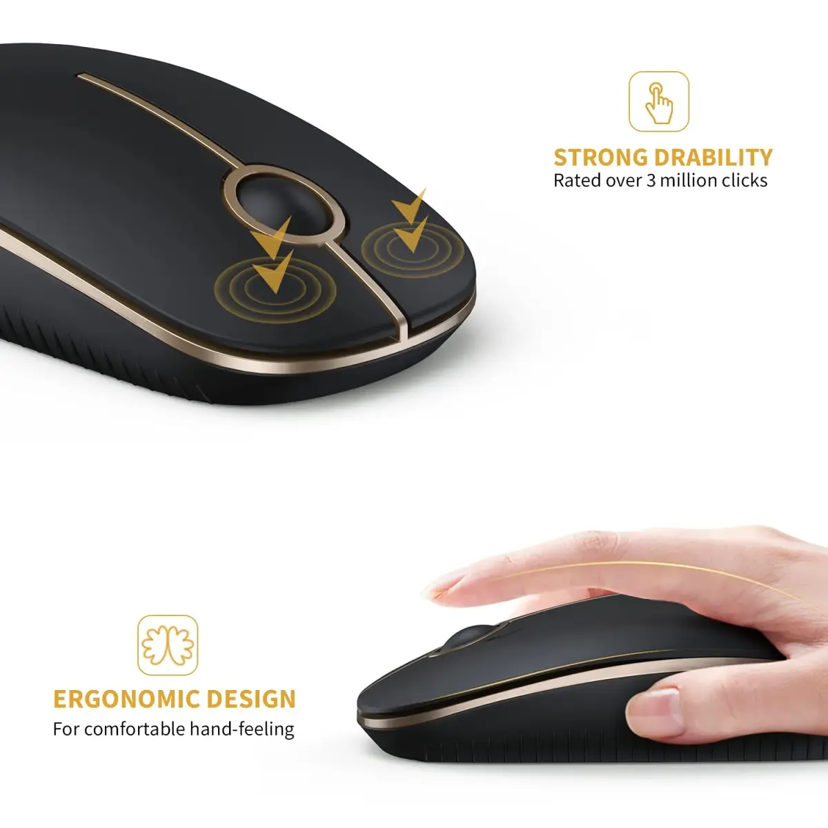 VssoPlor Wireless Mouse, Black and Gold, 4.7 x 2.6 inch (11.9 x 6.6 cm) | Silent Clicking & Stable 2.4GHz Connection - view 6