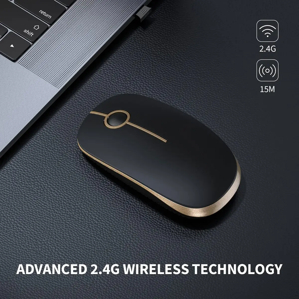 VssoPlor Wireless Mouse, Black and Gold, 4.7 x 2.6 inch (11.9 x 6.6 cm) | Silent Clicking & Stable 2.4GHz Connection - view 2