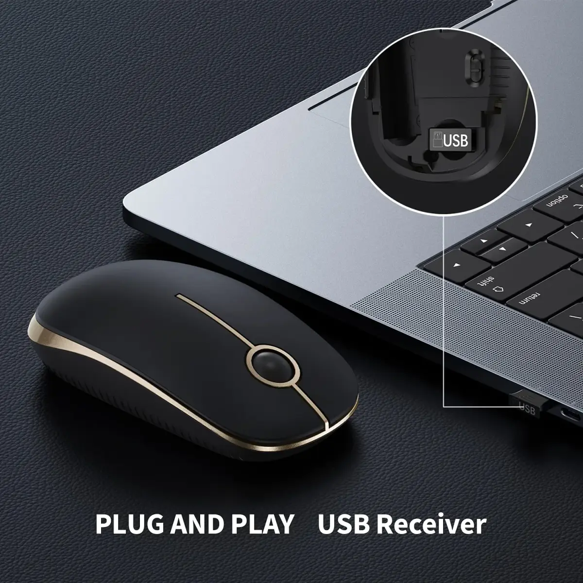 VssoPlor Wireless Mouse, Black and Gold, 4.7 x 2.6 inch (11.9 x 6.6 cm) | Silent Clicking & Stable 2.4GHz Connection - view 3