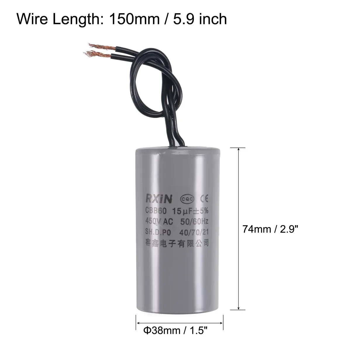 uxcell CBB60 Run Capacitor 15uF 450V AC 2 Wires Cylinder 74x38mm for Air Compressor Water Pump Motor | 15uF Polypropylene - view 2