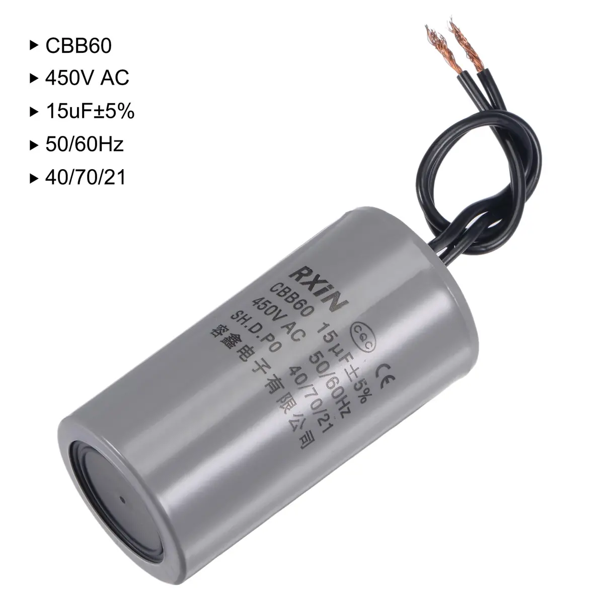 uxcell CBB60 Run Capacitor 15uF 450V AC 2 Wires Cylinder 74x38mm for Air Compressor Water Pump Motor | 15uF Polypropylene - view 3