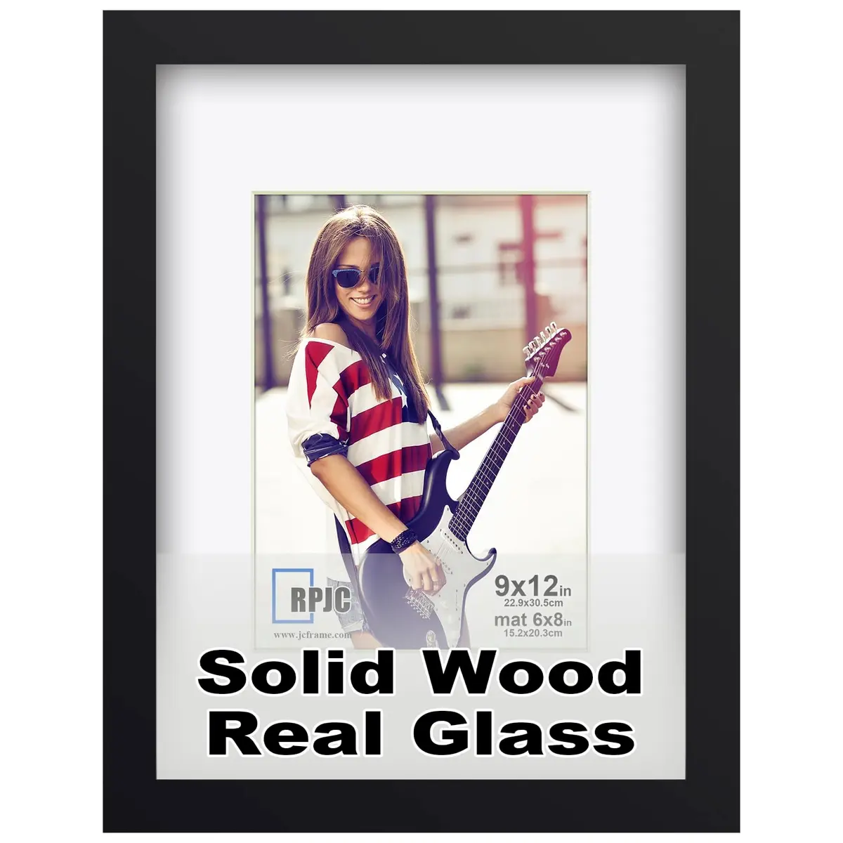 RPJC 9x12 (6x8 with Mat) Solid Wood Picture Frame Real Glass Cover Black | Classic Wall & Tabletop Display - main product image