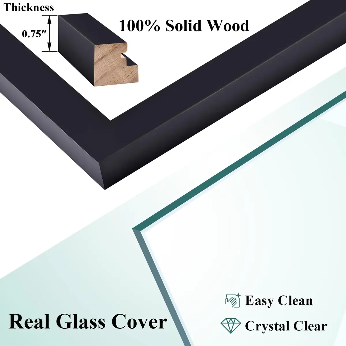 RPJC 9x12 (6x8 with Mat) Solid Wood Picture Frame Real Glass Cover Black | Classic Wall & Tabletop Display - view 6