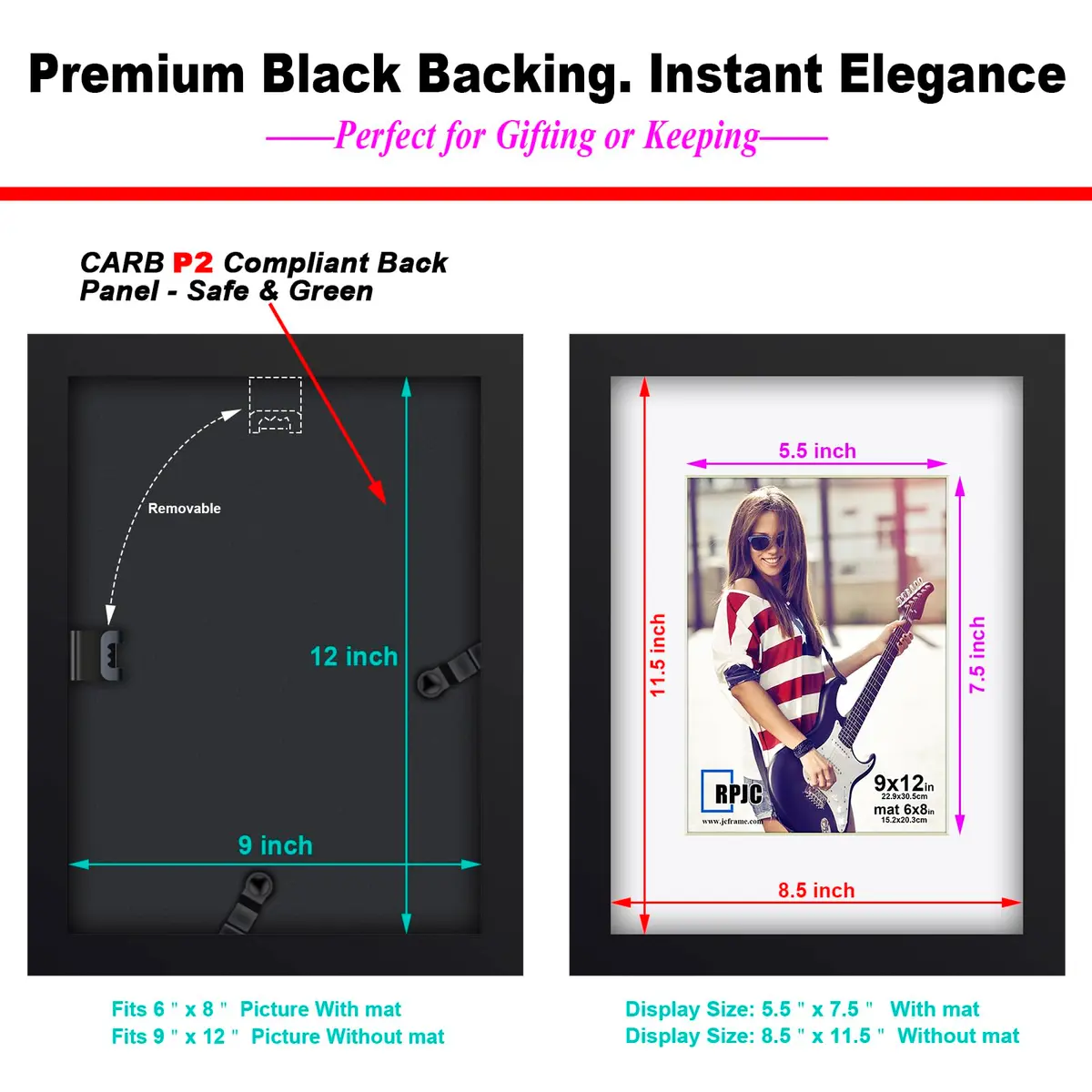 RPJC 9x12 (6x8 with Mat) Solid Wood Picture Frame Real Glass Cover Black | Classic Wall & Tabletop Display - view 7