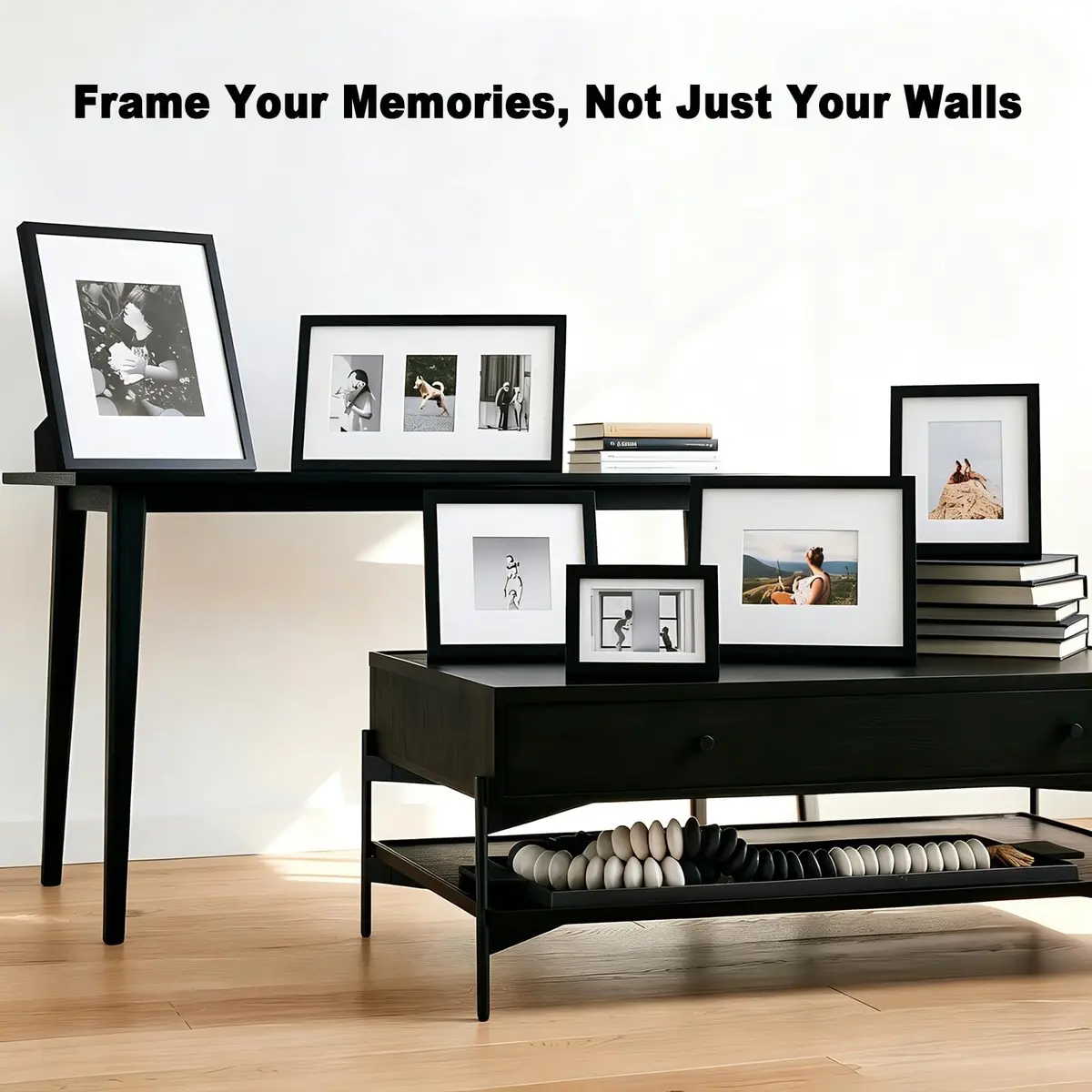 RPJC 9x12 (6x8 with Mat) Solid Wood Picture Frame Real Glass Cover Black | Classic Wall & Tabletop Display - view 2