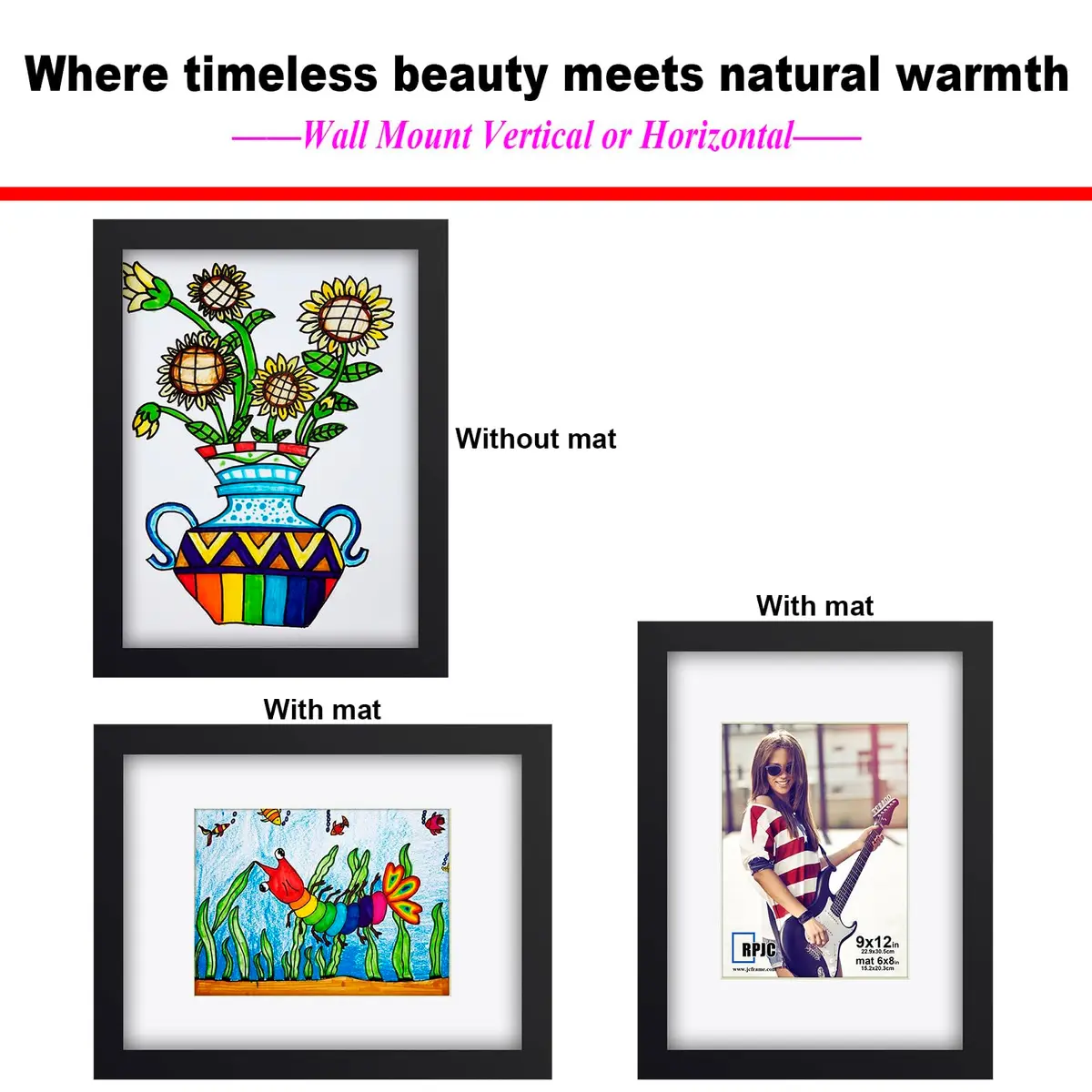 RPJC 9x12 (6x8 with Mat) Solid Wood Picture Frame Real Glass Cover Black | Classic Wall & Tabletop Display - view 4