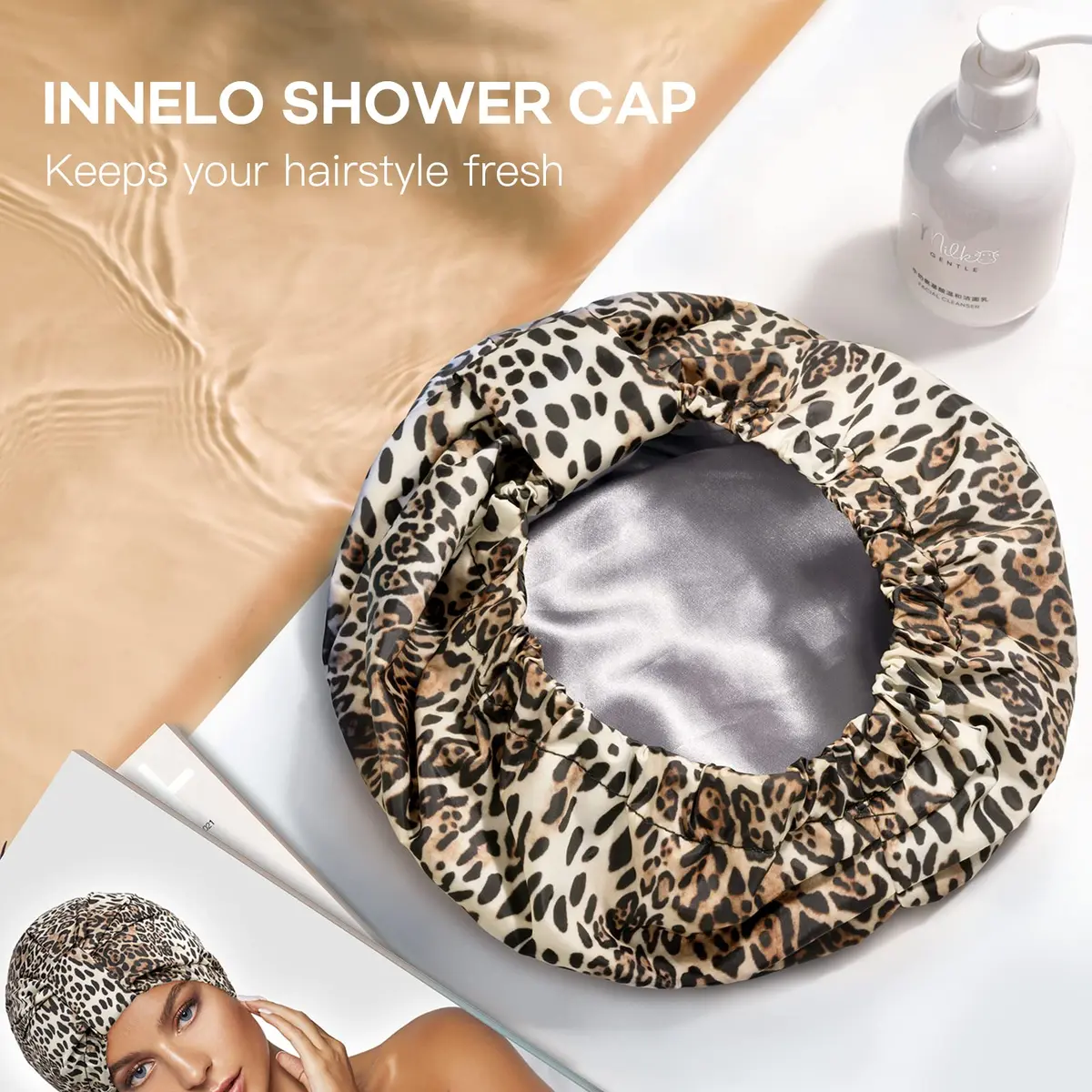 INNELO Shower Cap for Women Reusable Waterproof, Double Layer, Satin Lined | Keeps Hair Dry & Stylish (70-120 chars) - view 7