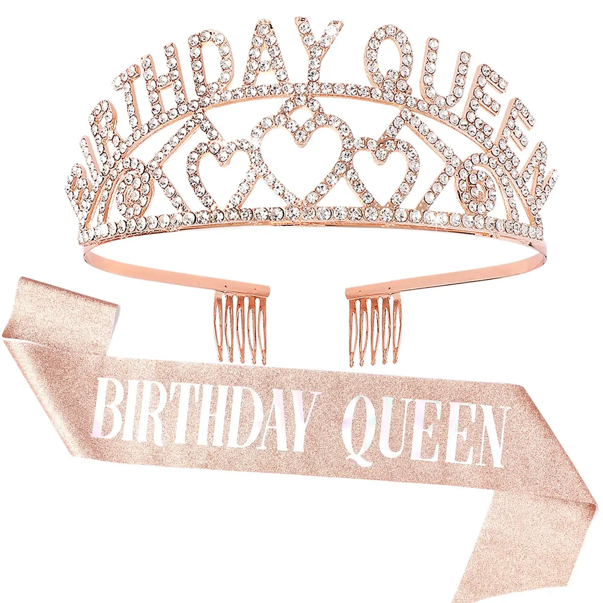 CIEHER Birthday Queen Sash & Rhinestone Tiara Kit - Rose Gold Crown with Combs for Women - Elegant Princess Tiara for Birthday Party Decorations and Gift - main product image