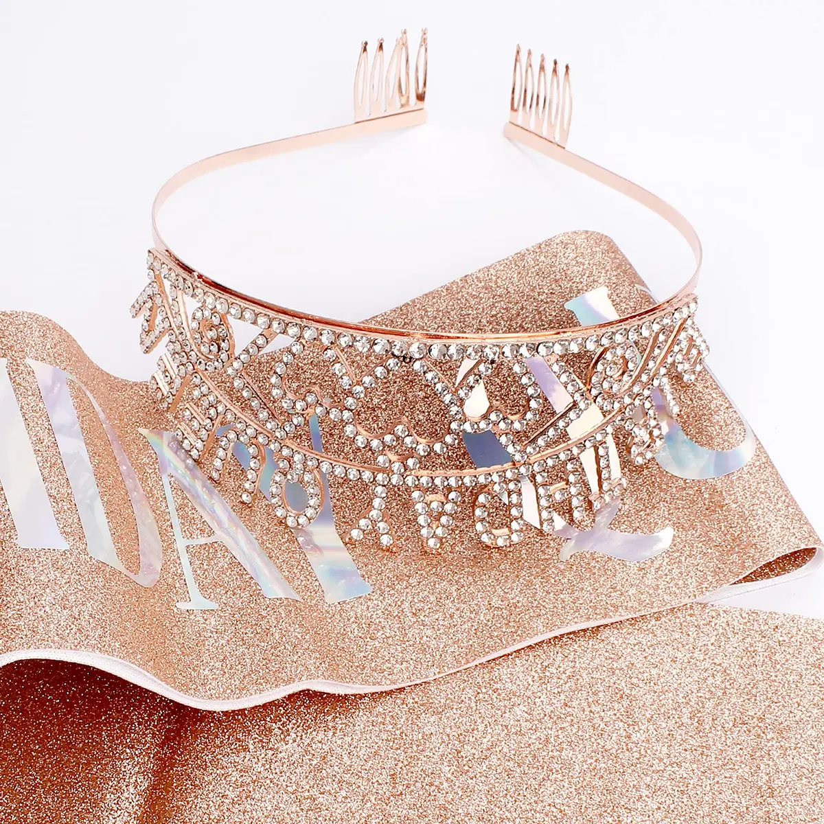 CIEHER Birthday Queen Sash & Rhinestone Tiara Kit - Rose Gold Crown with Combs for Women - Elegant Princess Tiara for Birthday Party Decorations and Gift - view 7