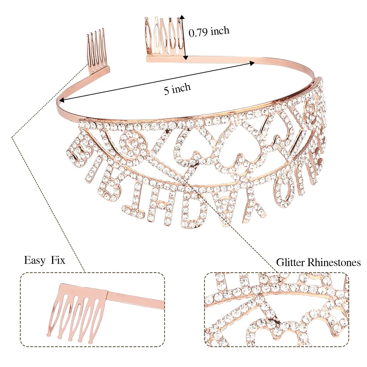 CIEHER Birthday Queen Sash & Rhinestone Tiara Kit - Rose Gold Crown with Combs for Women - Elegant Princess Tiara for Birthday Party Decorations and Gift - view 3