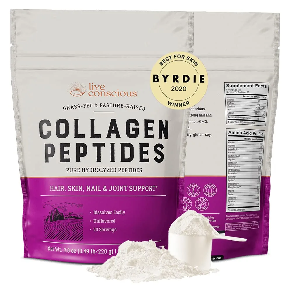 Live Conscious Collagen Peptides Powder Type I & III, 7.8 oz (221g) | Hydrolyzed Bovine Protein for Skin, Hair, Nails - main product image