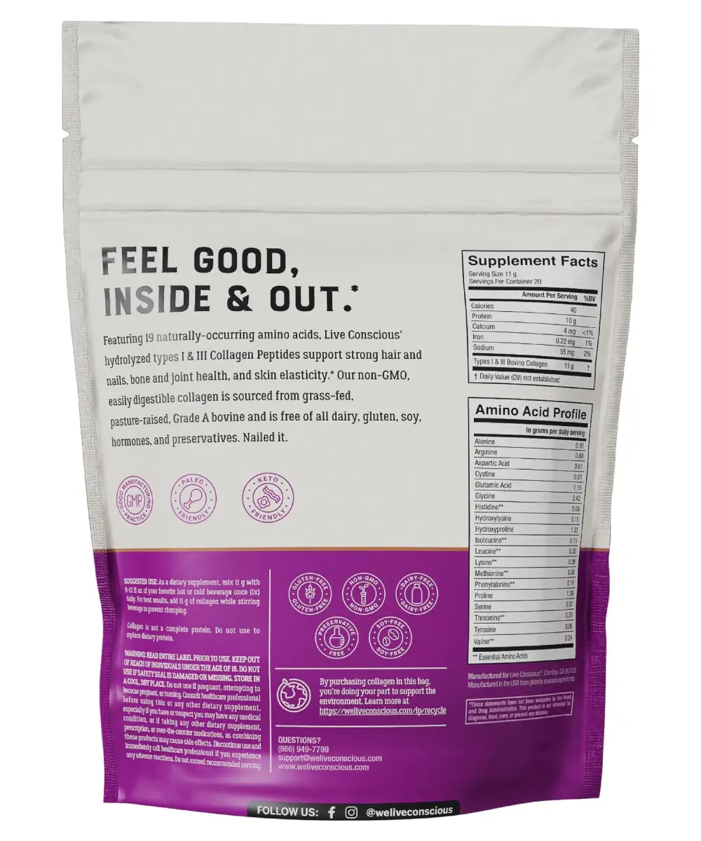 Live Conscious Collagen Powder Hydrolyzed Collagen Peptides Type I & III 203g (7.8 oz) | Supports Skin, Hair, Nails & Joints - view 6