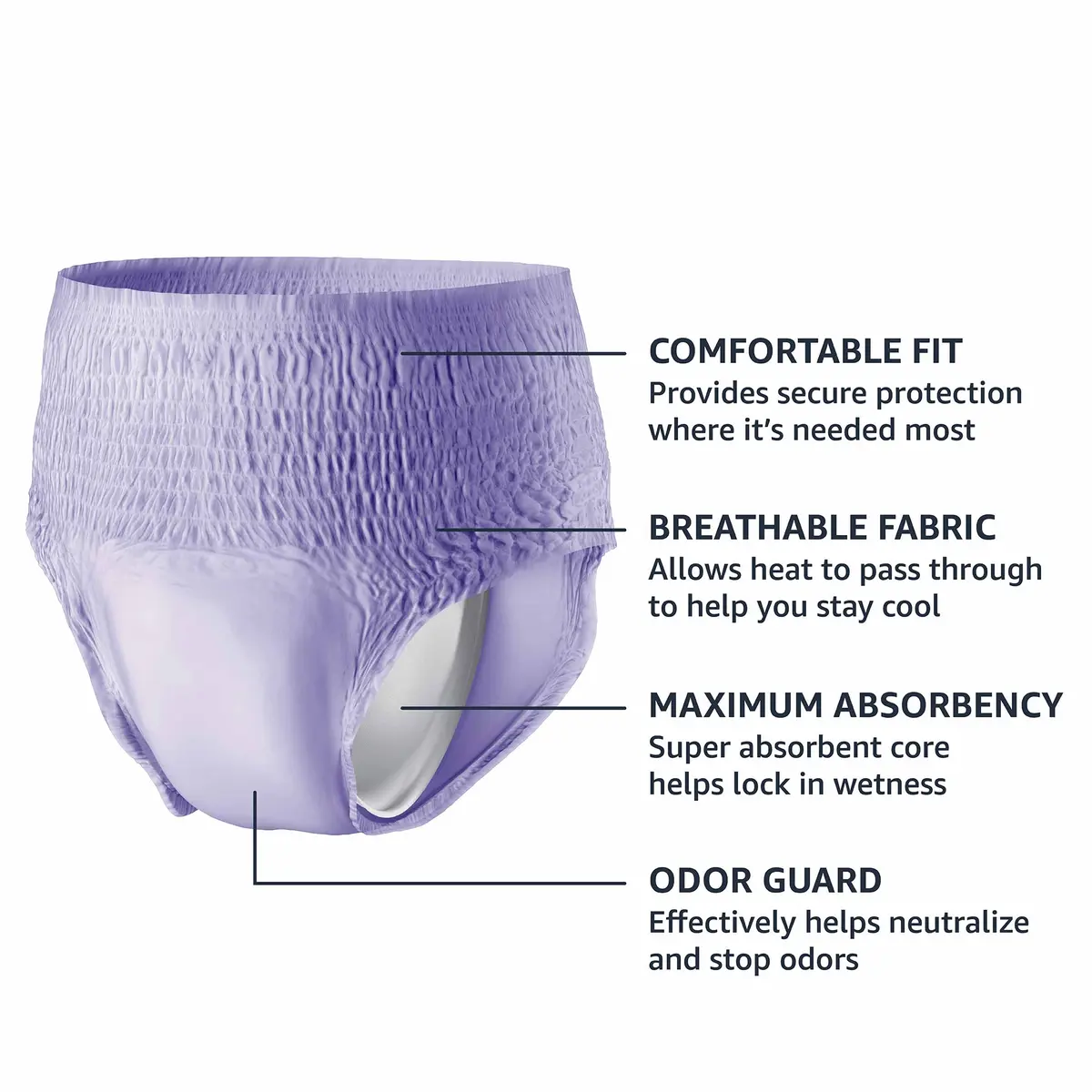 Amazon Basics Maximum Absorbency Incontinence Underwear for Women, Medium, Lavender, 60 Count | Dri-Fit Technology for Bladder Leak Protection - view 3