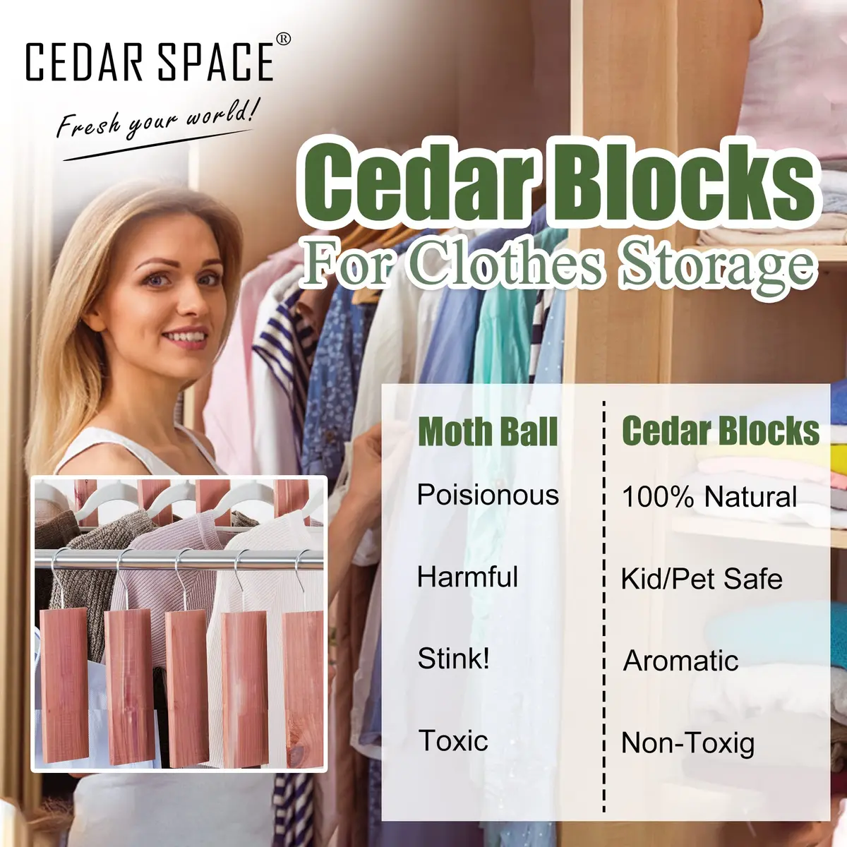 Cedar Space Cedar Blocks for Clothes Storage, 80PCS Cedar Chips with Sachets | Natural Moth Repellent for Closets & Drawers - view 3