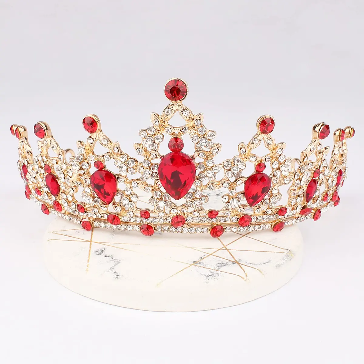 CAVETEE Gold Baroque Queen Crown for Women - Luxurious Red Rhinestones - Wedding, Prom, Christmas, Thanksgiving - view 5