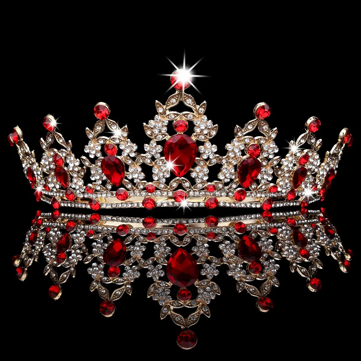 CAVETEE Gold Baroque Queen Crown for Women - Luxurious Red Rhinestones - Wedding, Prom, Christmas, Thanksgiving - view 8