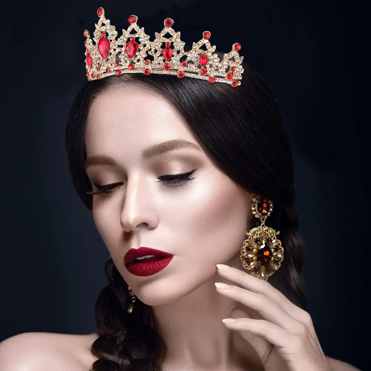 CAVETEE Gold Baroque Queen Crown for Women - Luxurious Red Rhinestones - Wedding, Prom, Christmas, Thanksgiving - view 2