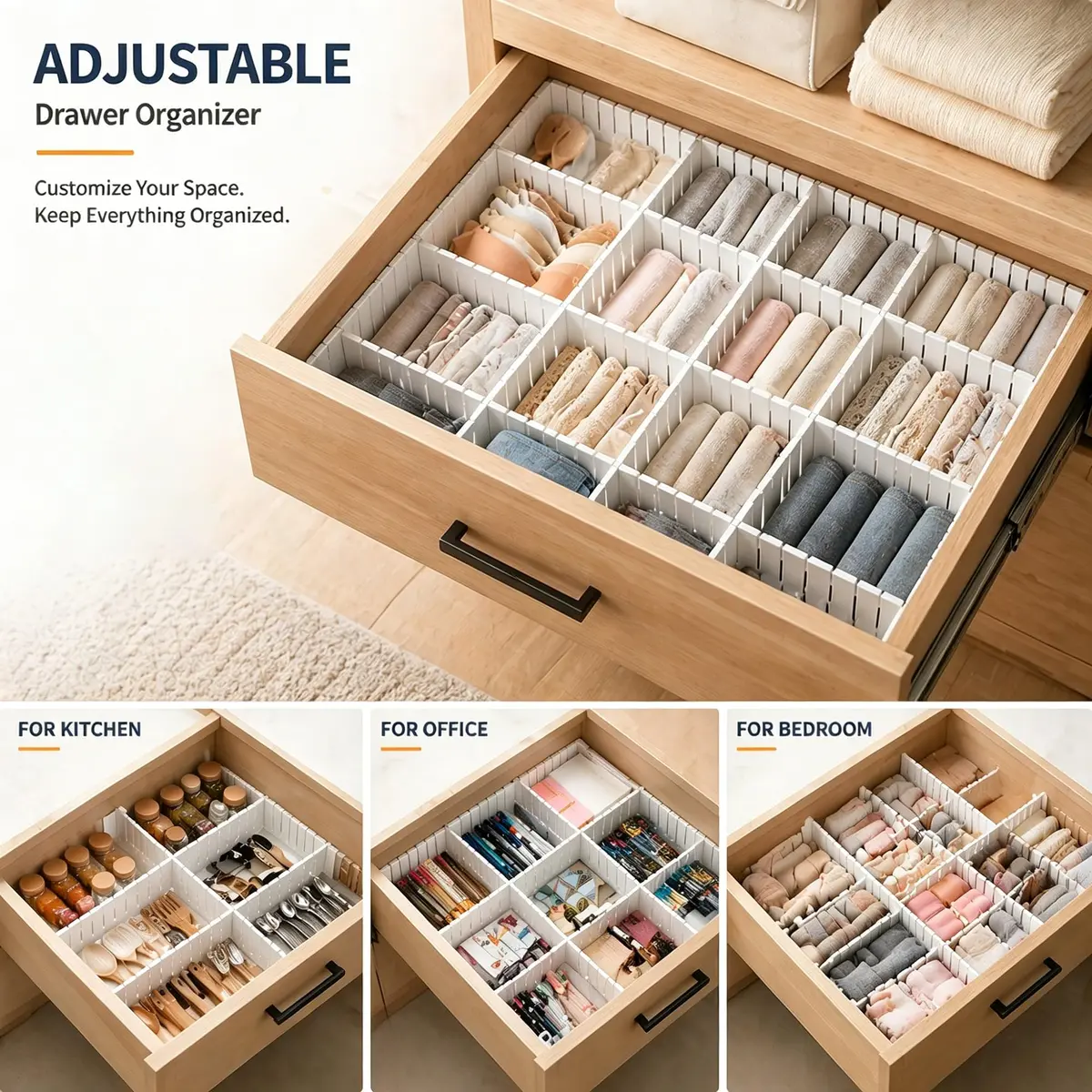 Bofoho Drawer Divider Adjustable Diy Storage Organizer Separator for Tidying Clutter Cutlery Makeup Clothes of Dresses, Desk & Box in Kitchen Bathroom Bedroom Office (White 32PCS) - view 7