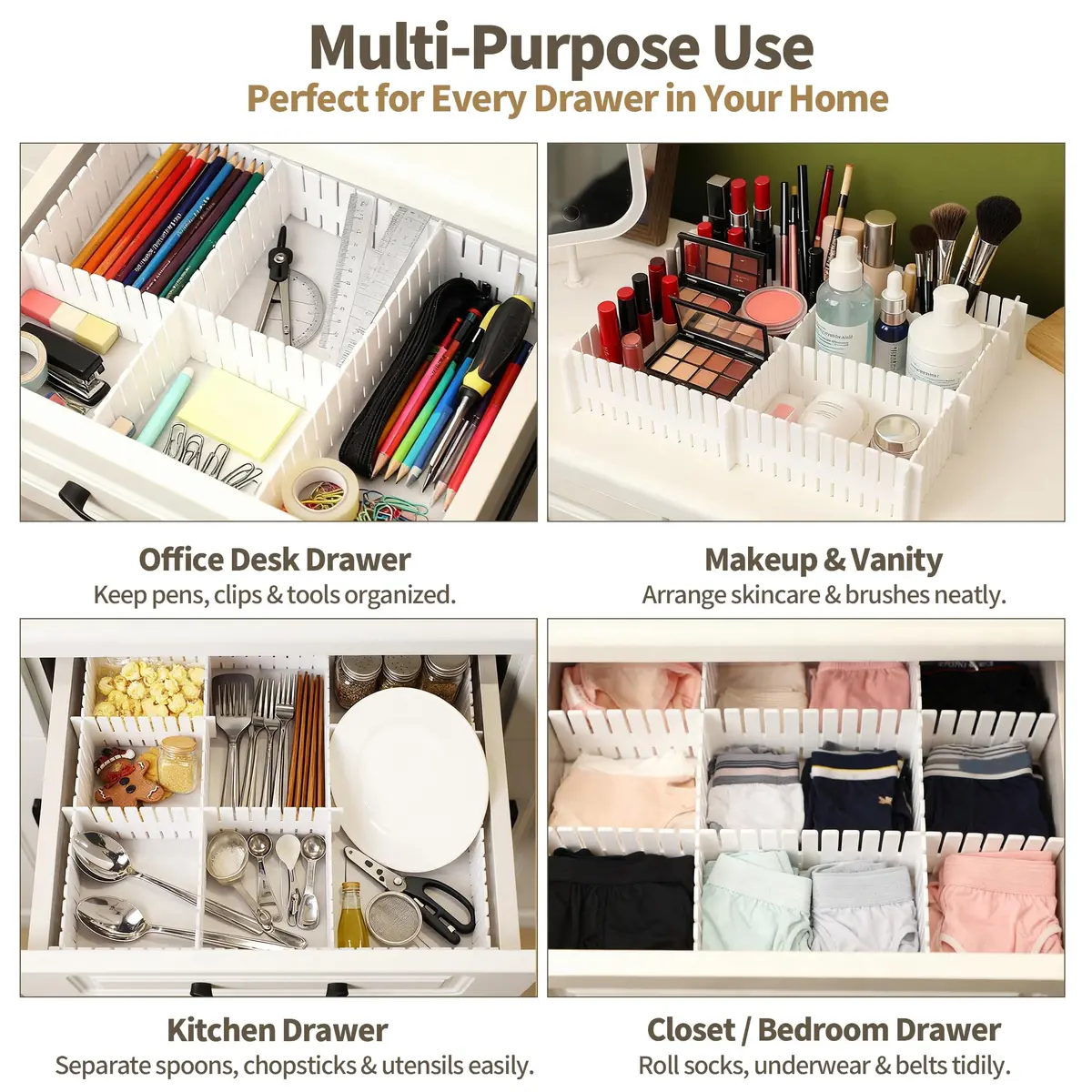 Bofoho Drawer Divider Adjustable Diy Storage Organizer Separator for Tidying Clutter Cutlery Makeup Clothes of Dresses, Desk & Box in Kitchen Bathroom Bedroom Office (White 32PCS) - view 4