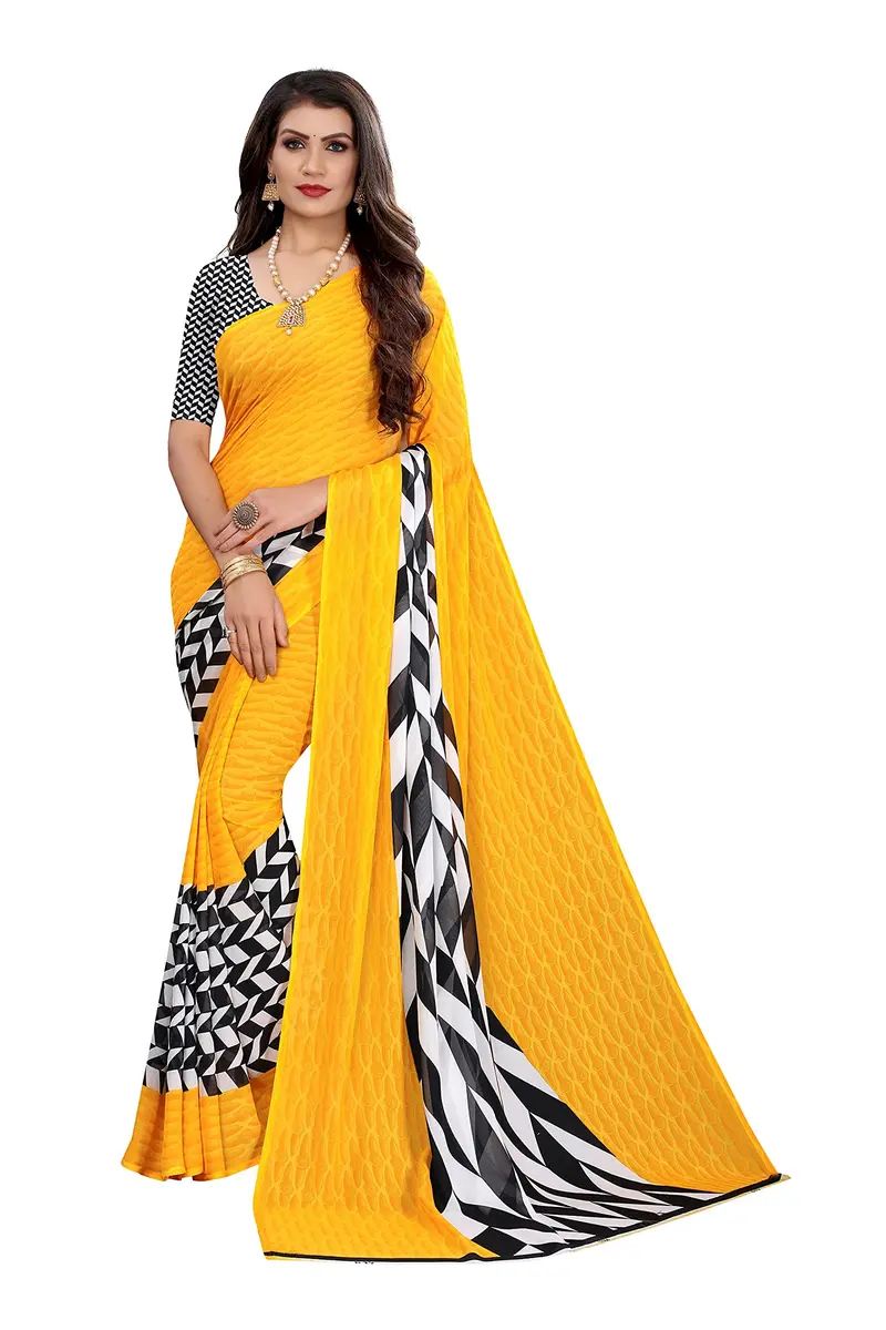 Yashika Georgette Print Saree with Blouse, Yellow, 5.5 m (18 ft) | Imported Saree for Women - main product image