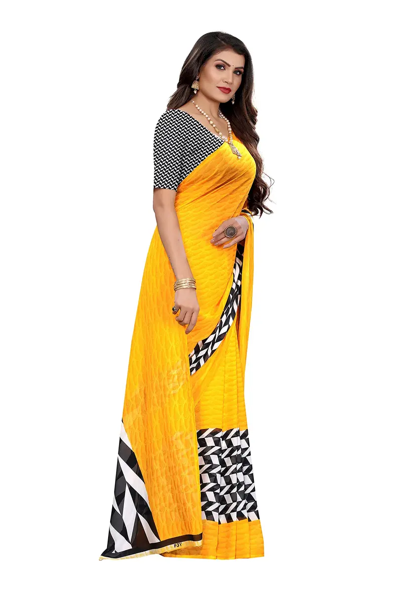 Yashika Georgette Print Saree with Blouse, Yellow, 5.5 m (18 ft) | Imported Saree for Women - view 3