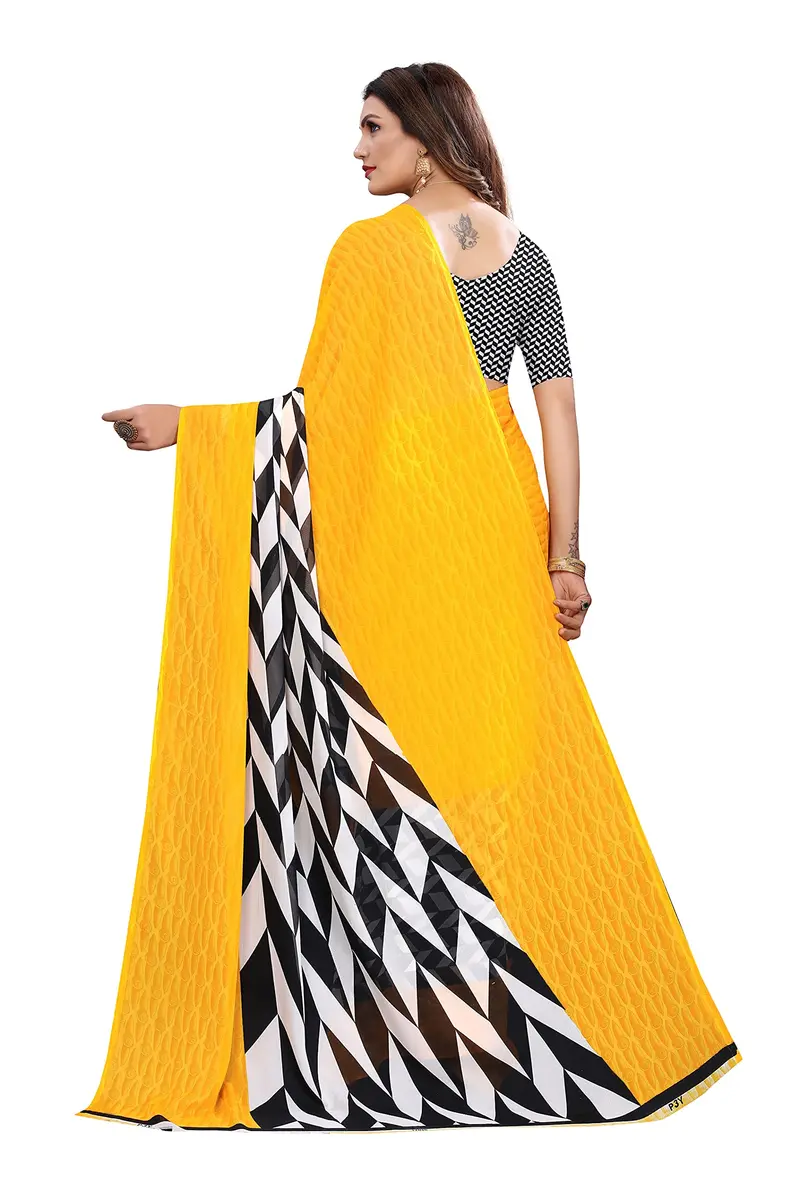Yashika Georgette Print Saree with Blouse, Yellow, 5.5 m (18 ft) | Imported Saree for Women - view 4