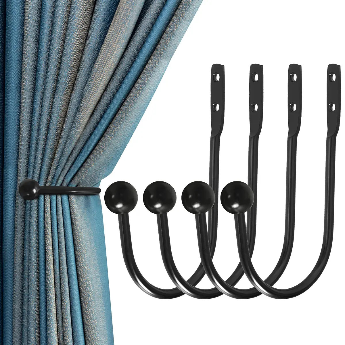 HEMOUR Black Curtain Holdback 4 Pcs | Heavy Duty Metal Wall Mounted Drapery Tiebacks - main product image