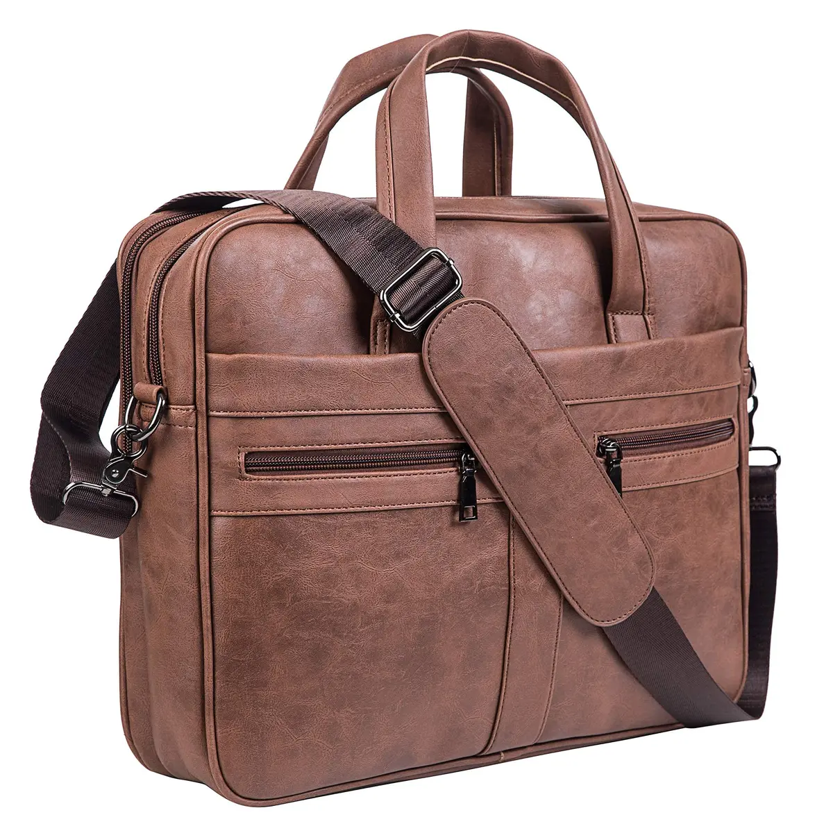 seyfocnia Men's 17.3 Inch Laptop Messenger Bag | Brown PU Leather Business Satchel with 9 Pockets - main product image