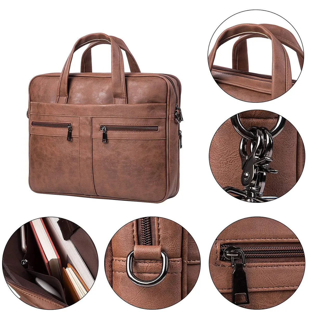 seyfocnia Men's 17.3 Inch Laptop Messenger Bag | Brown PU Leather Business Satchel with 9 Pockets - view 5