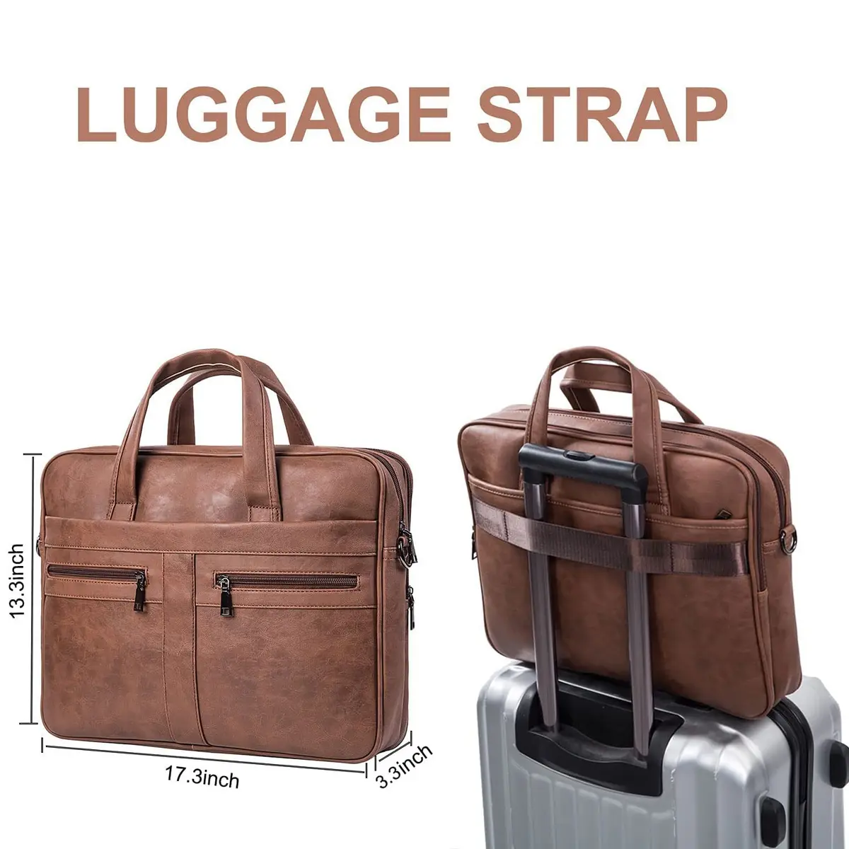 seyfocnia Men's 17.3 Inch Laptop Messenger Bag | Brown PU Leather Business Satchel with 9 Pockets - view 6